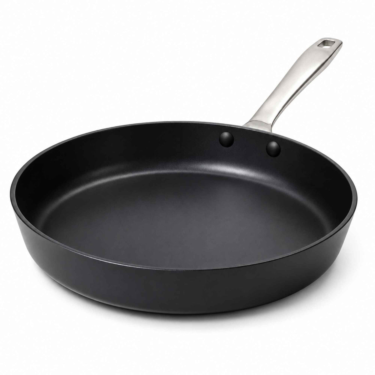Black ceramic nonstick frying pan with a stainless steel handle on a white background