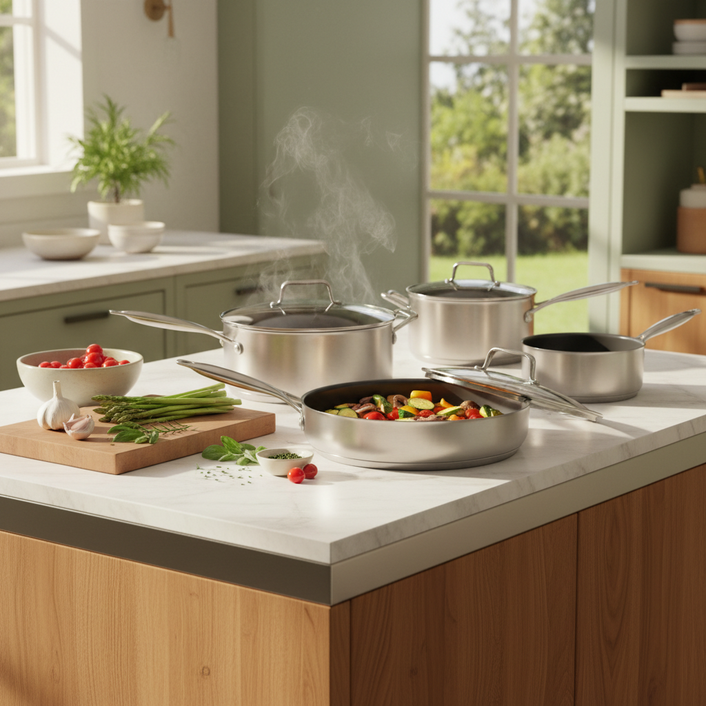 sleek cookware set on bright kitchen island with fresh herbs and vegetables