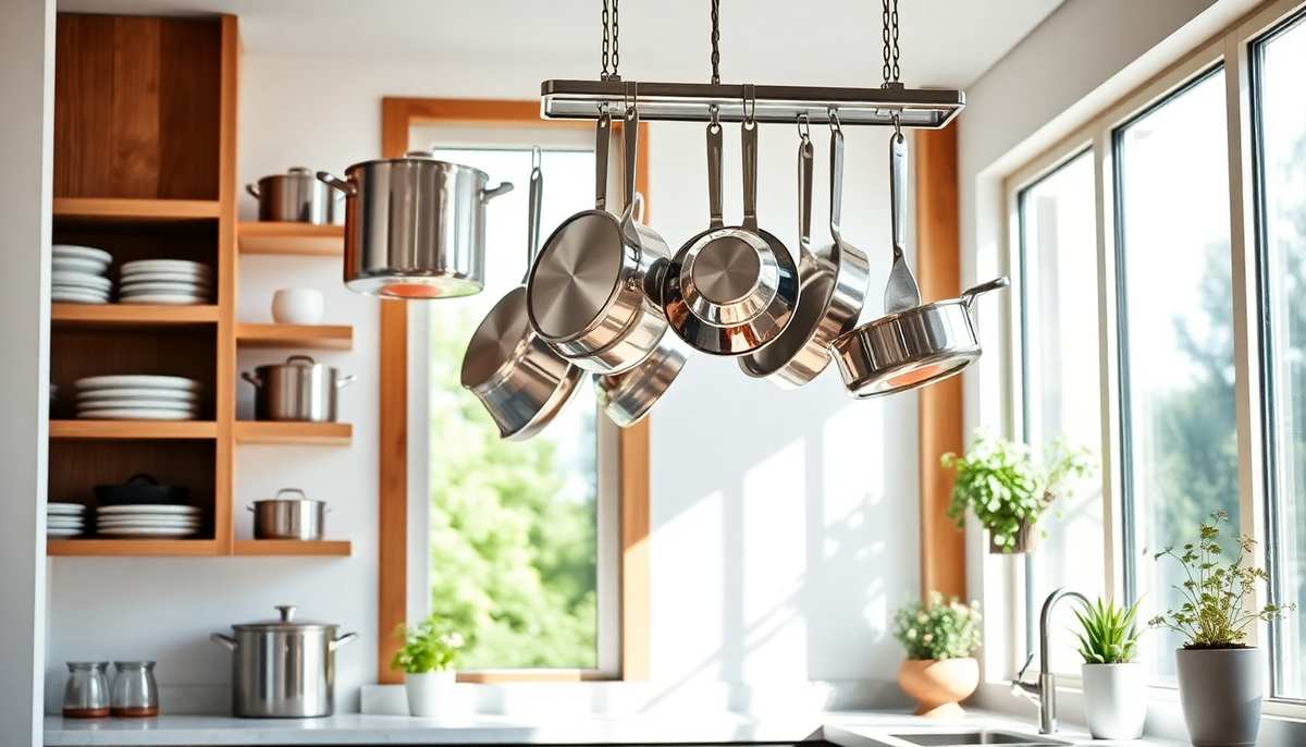 Stainless steel pots and pans hanging on a rack beside a large window and open shelves
