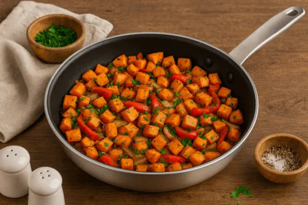 Skillet Sweet Potato Hash Recipe with Peppers and Onions - Alva Cookware