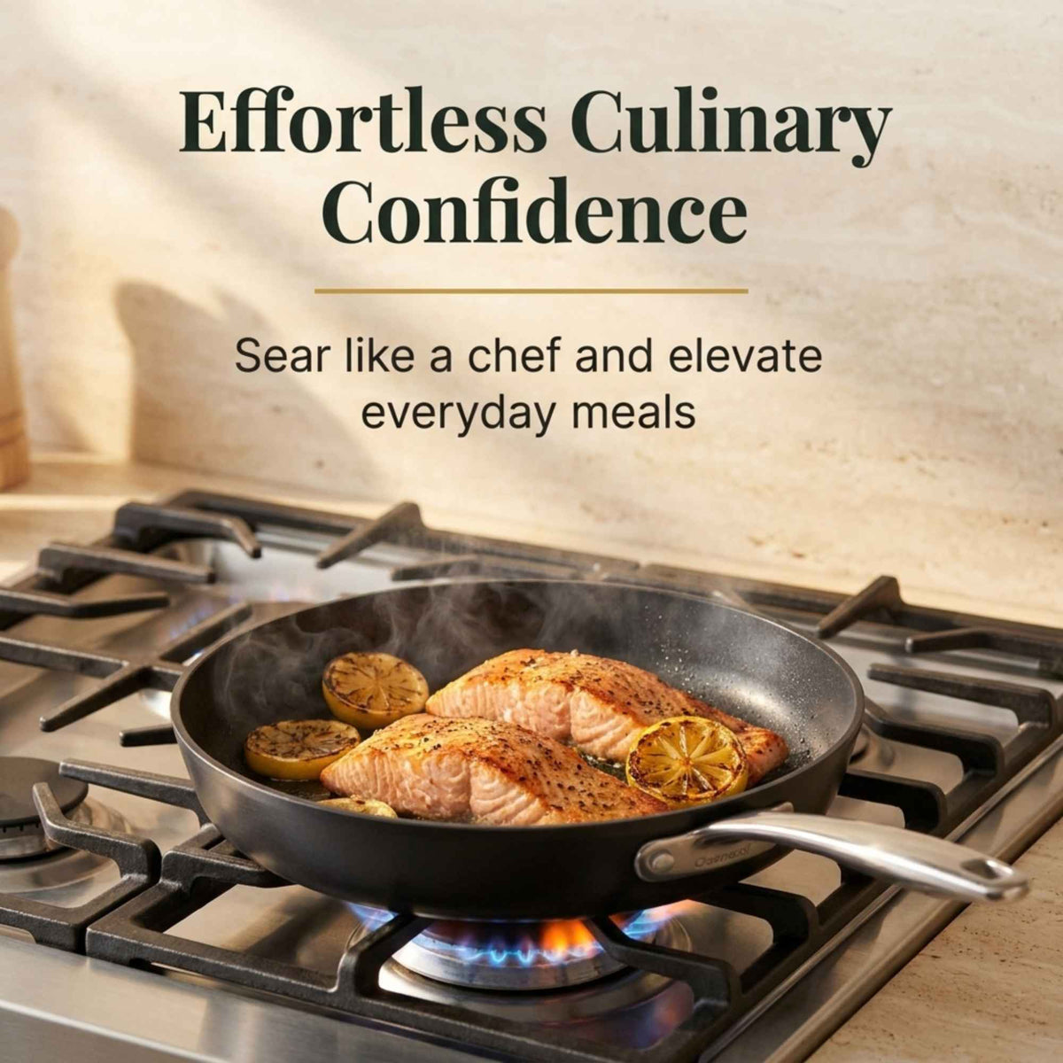 Maestro ceramic nonstick frying pan searing salmon and lemon slices on a gas stovetop