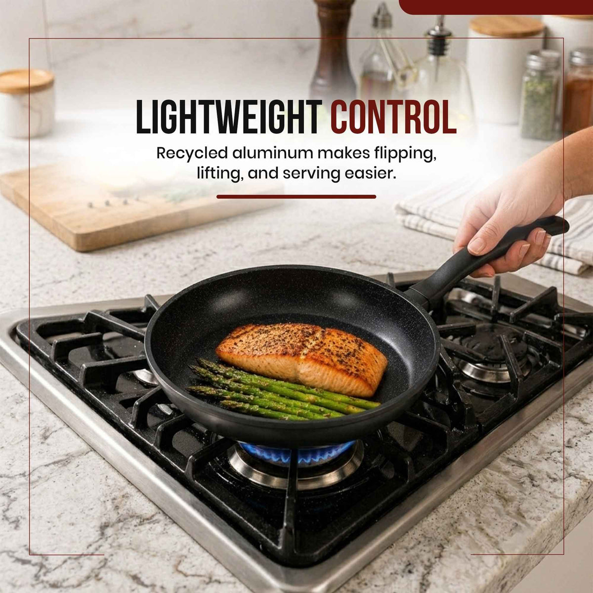 Alva Energy ceramic nonstick frying pan cooking salmon and asparagus on a gas stovetop