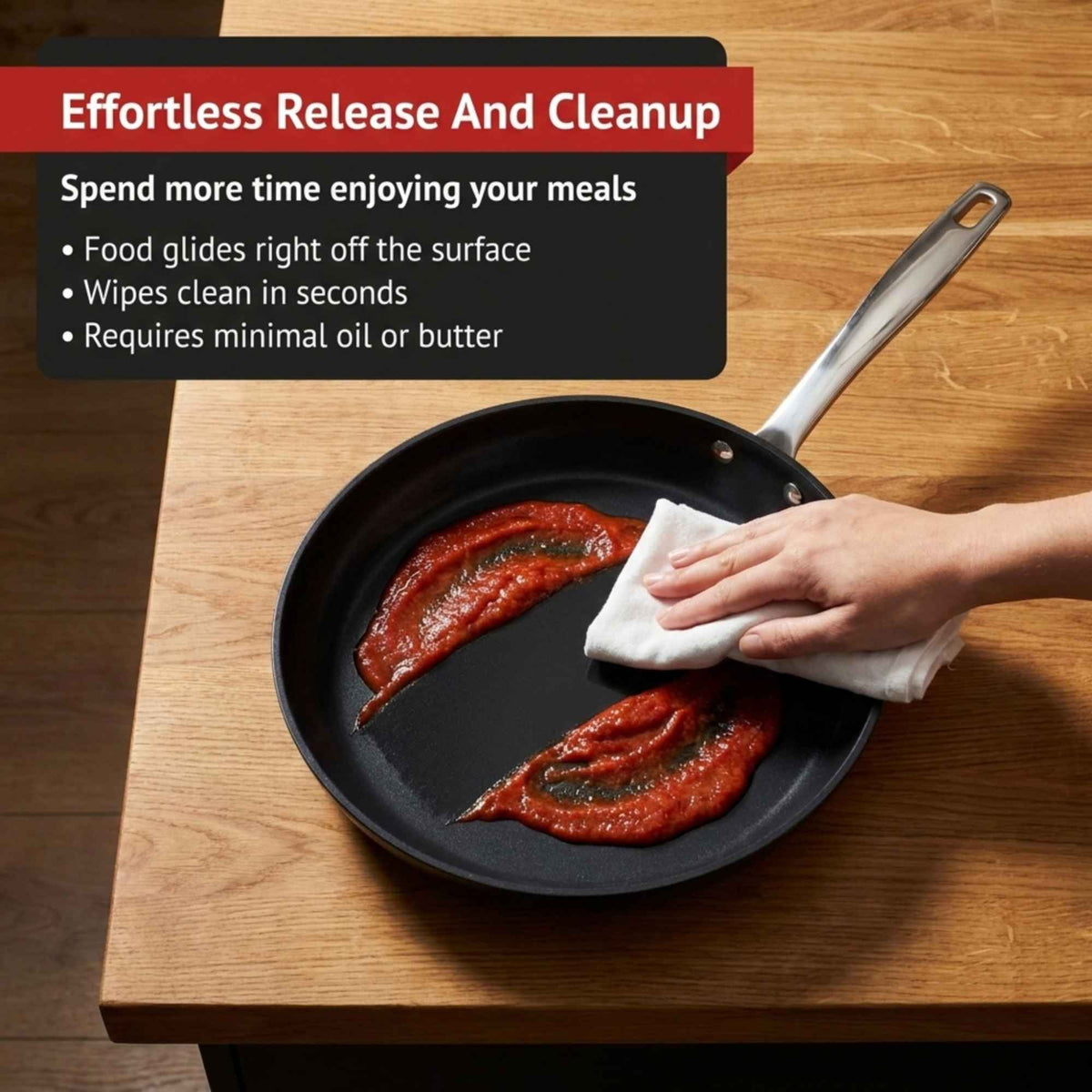 Hand wiping tomato sauce off an Alva Maestro ceramic nonstick frying pan, with callouts for effortless food release and quick cleanup