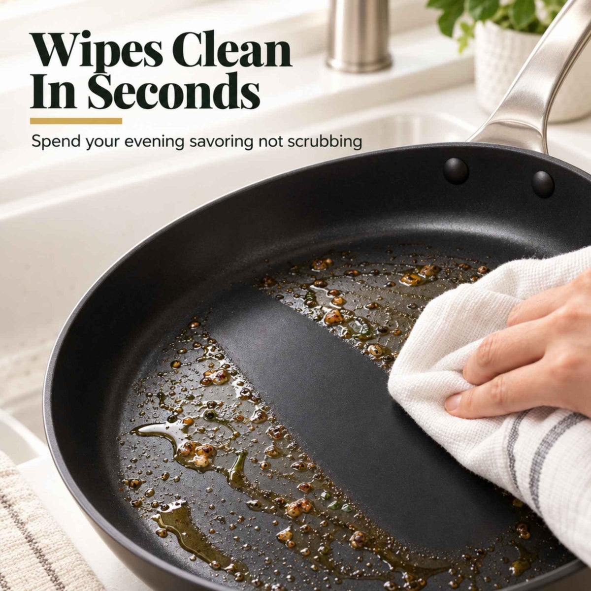Wiping cooking residue off a Maestro ceramic nonstick frying pan with a towel