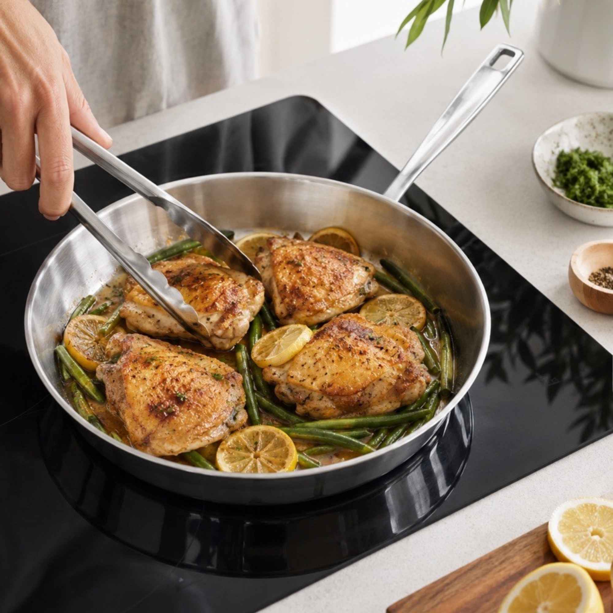 Alva Maestro stainless steel sauté pan cooking chicken
