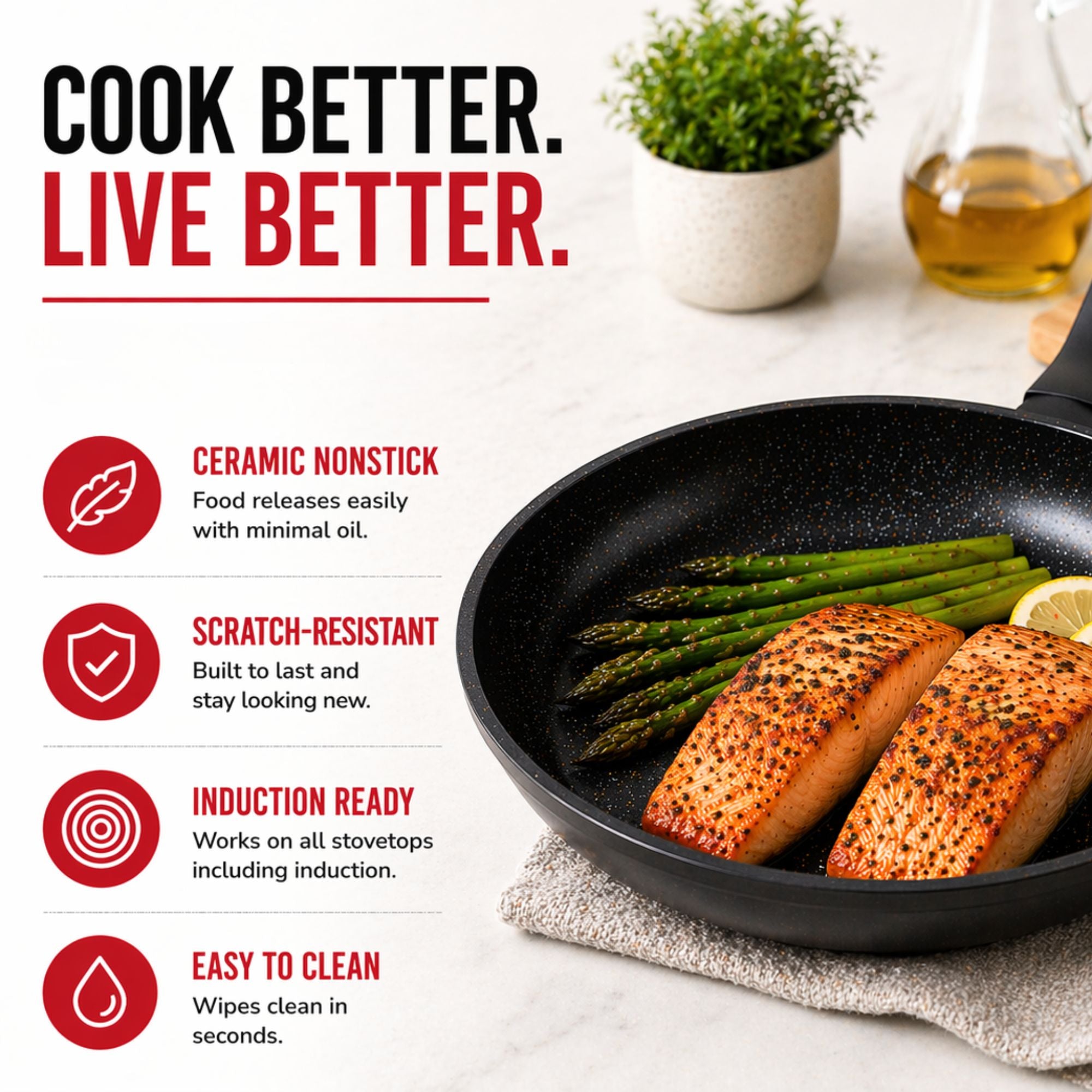 Ceramic nonstick frying pan with grilled salmon and asparagus, highlighting scratch-resistant, induction ready, and easy to clean features.