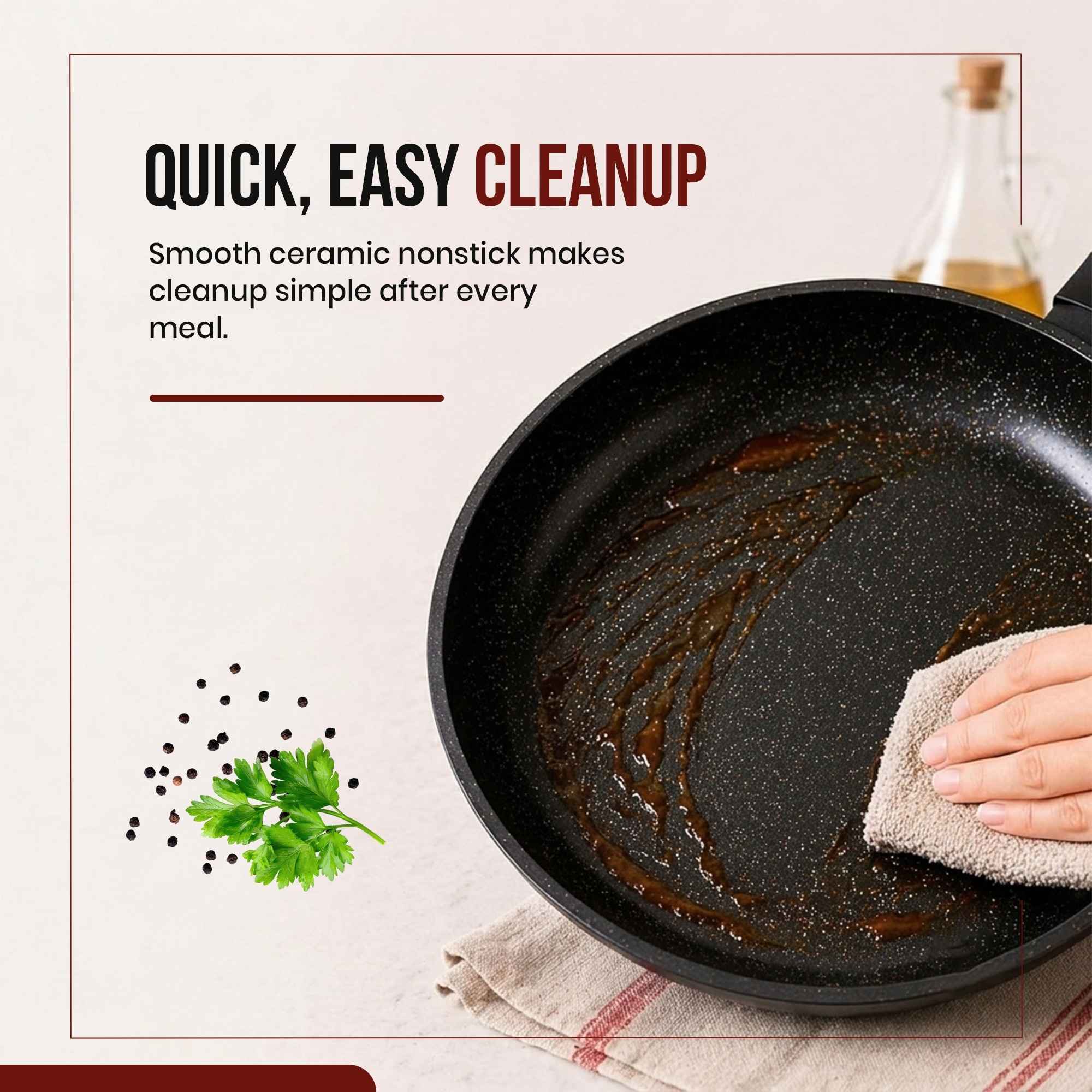 Alva Energy ceramic nonstick frying pan being wiped clean with a soft cloth