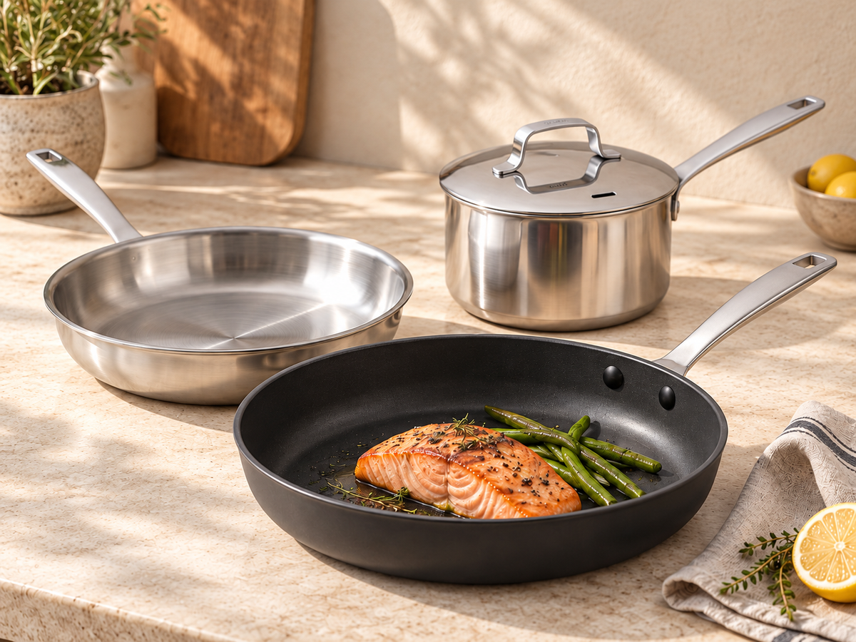 Alva stainless steel and ceramic nonstick cookware in a warm kitchen