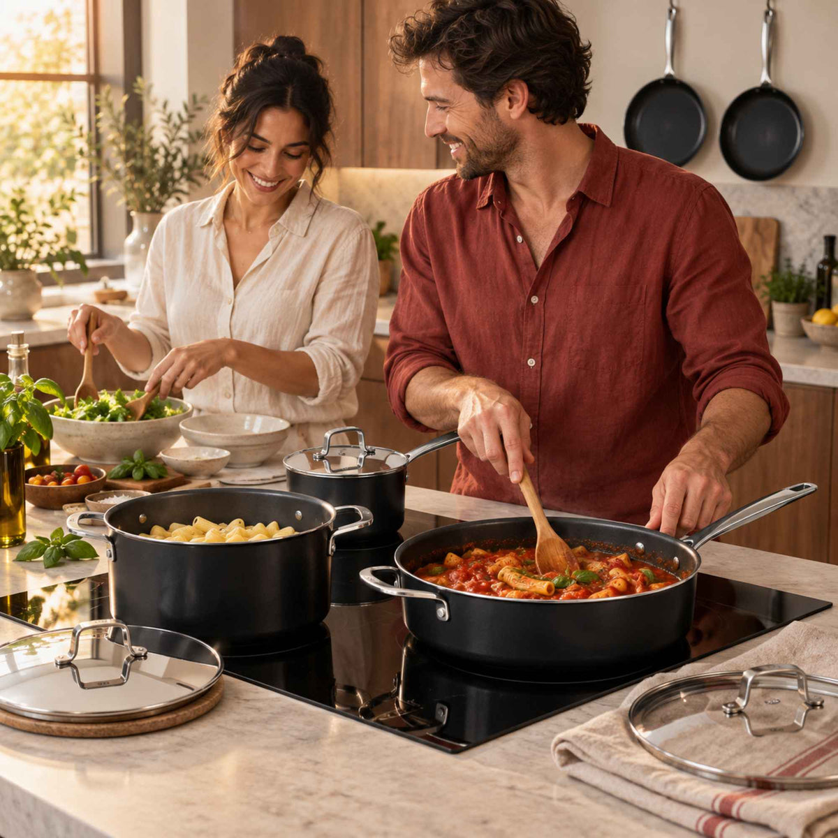 Couple cooking dinner together in an Alva Maestro ceramic nonstick sauté pan and stockpot on an induction cooktop