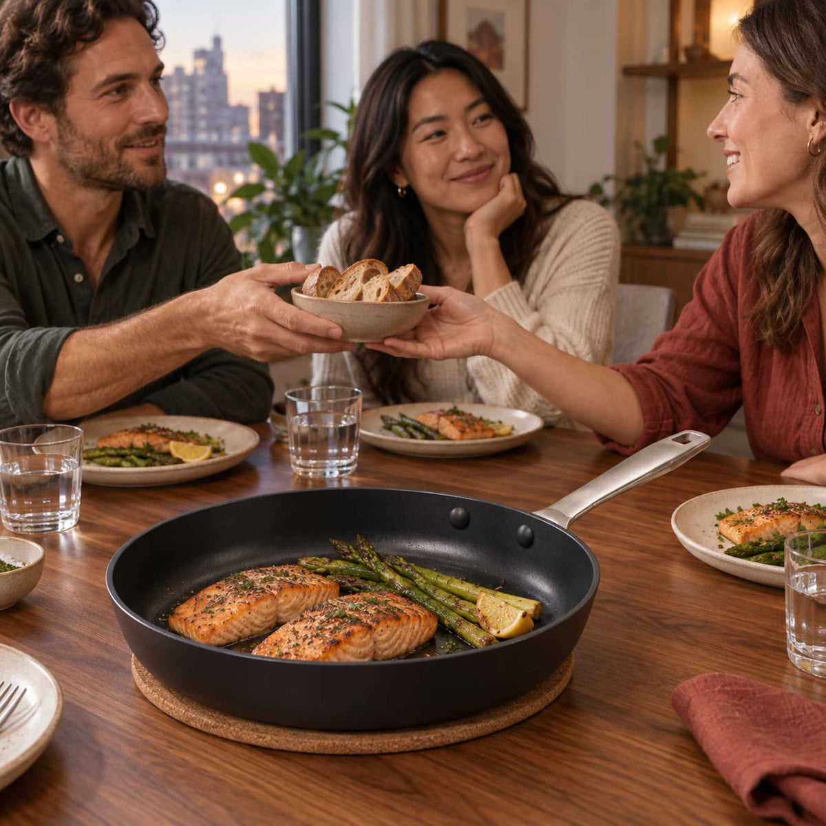 Friends sharing dinner with salmon and asparagus served from an Alva Maestro ceramic nonstick frying pan