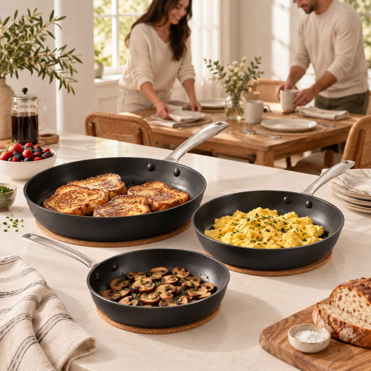 French toast, scrambled eggs and mushrooms cooked in Alva Maestro ceramic nonstick frying pans on a wooden breakfast table