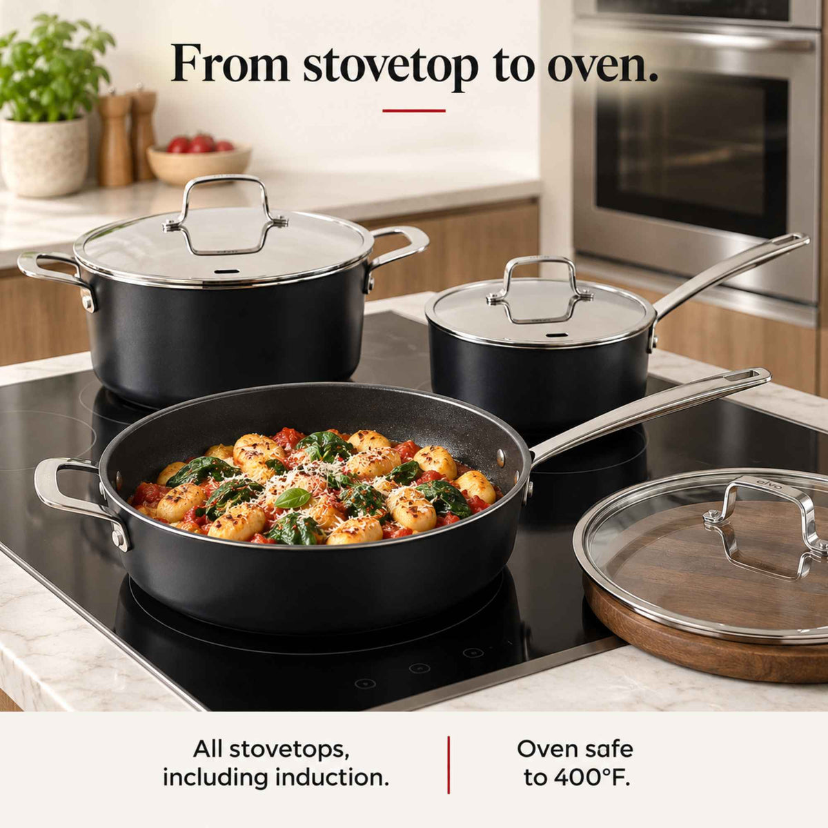 Alva Maestro ceramic nonstick sauté pan with shrimp and spinach on an induction cooktop, oven safe to 400°F