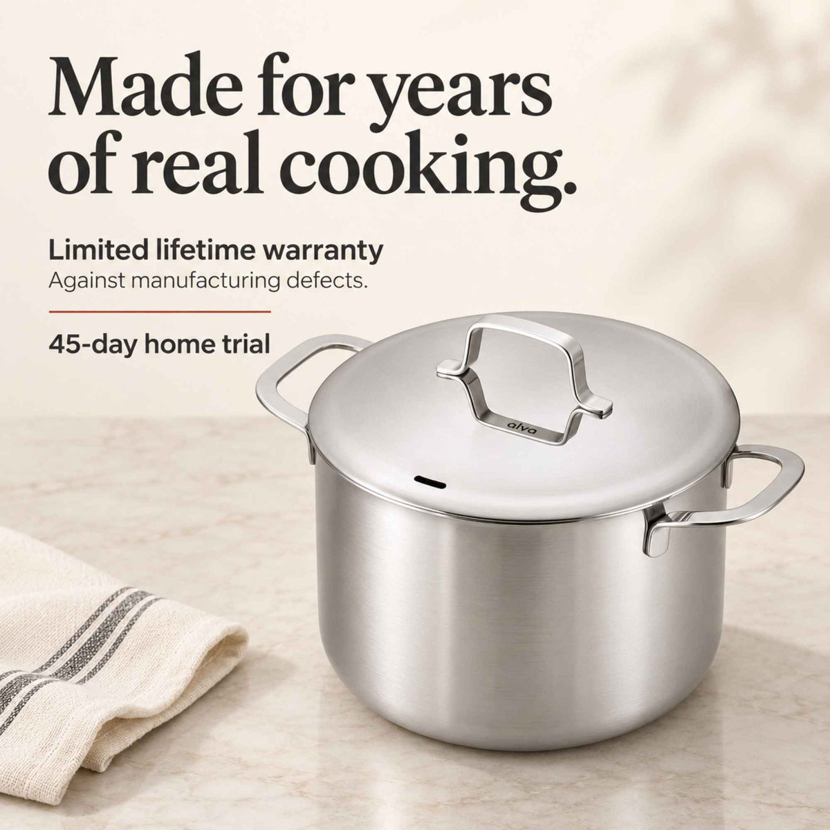 Made for years of real cooking: Alva Maestro 5-ply stainless steel stock pot with limited lifetime warranty and 45-day home trial