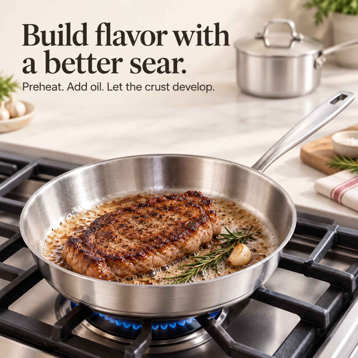 Steak searing in an Alva 5-ply stainless steel frying pan on a gas burner – build flavor with a better sear