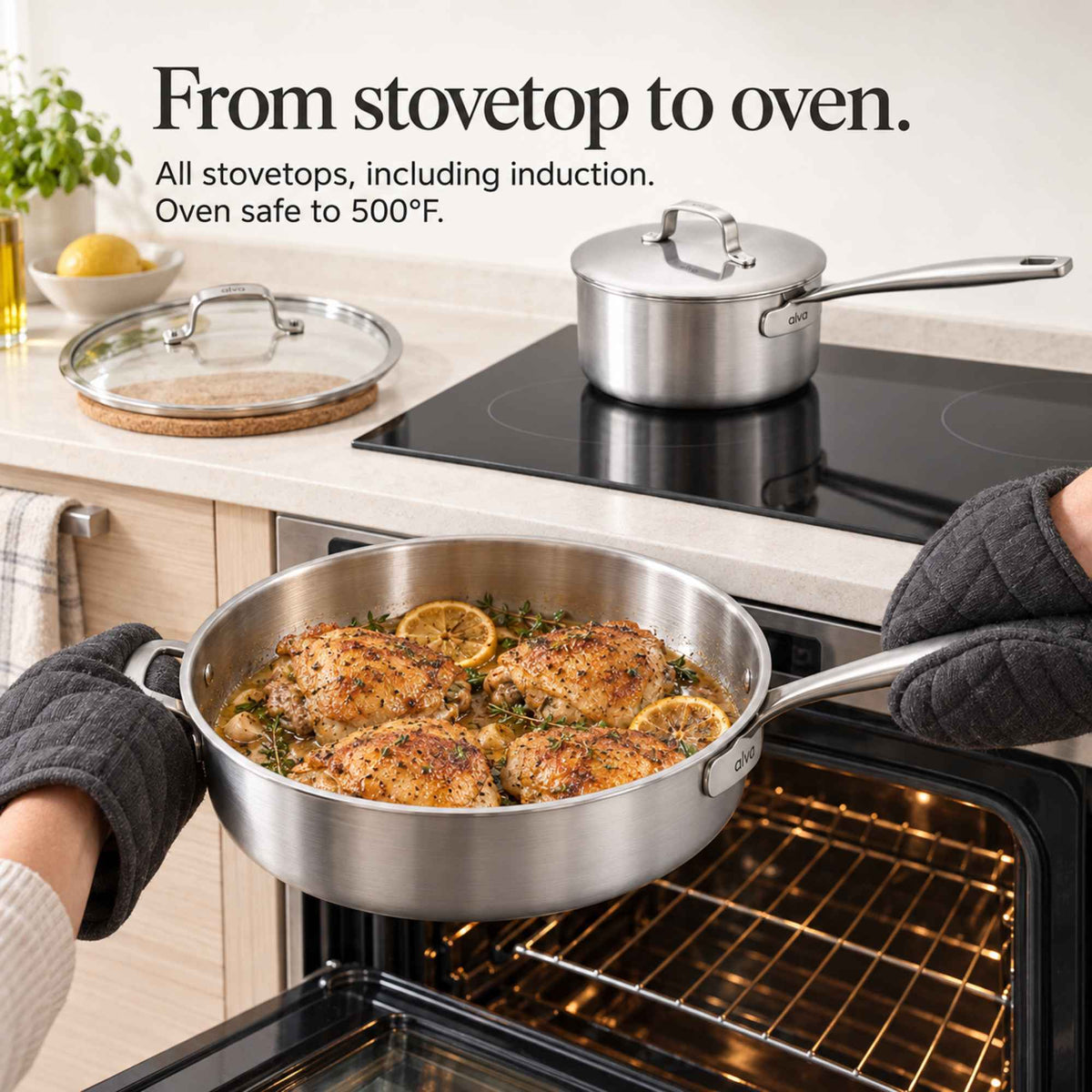 Alva stainless steel sauté pan of roasted lemon chicken going from stovetop to oven, oven safe to 500°F, induction compatible