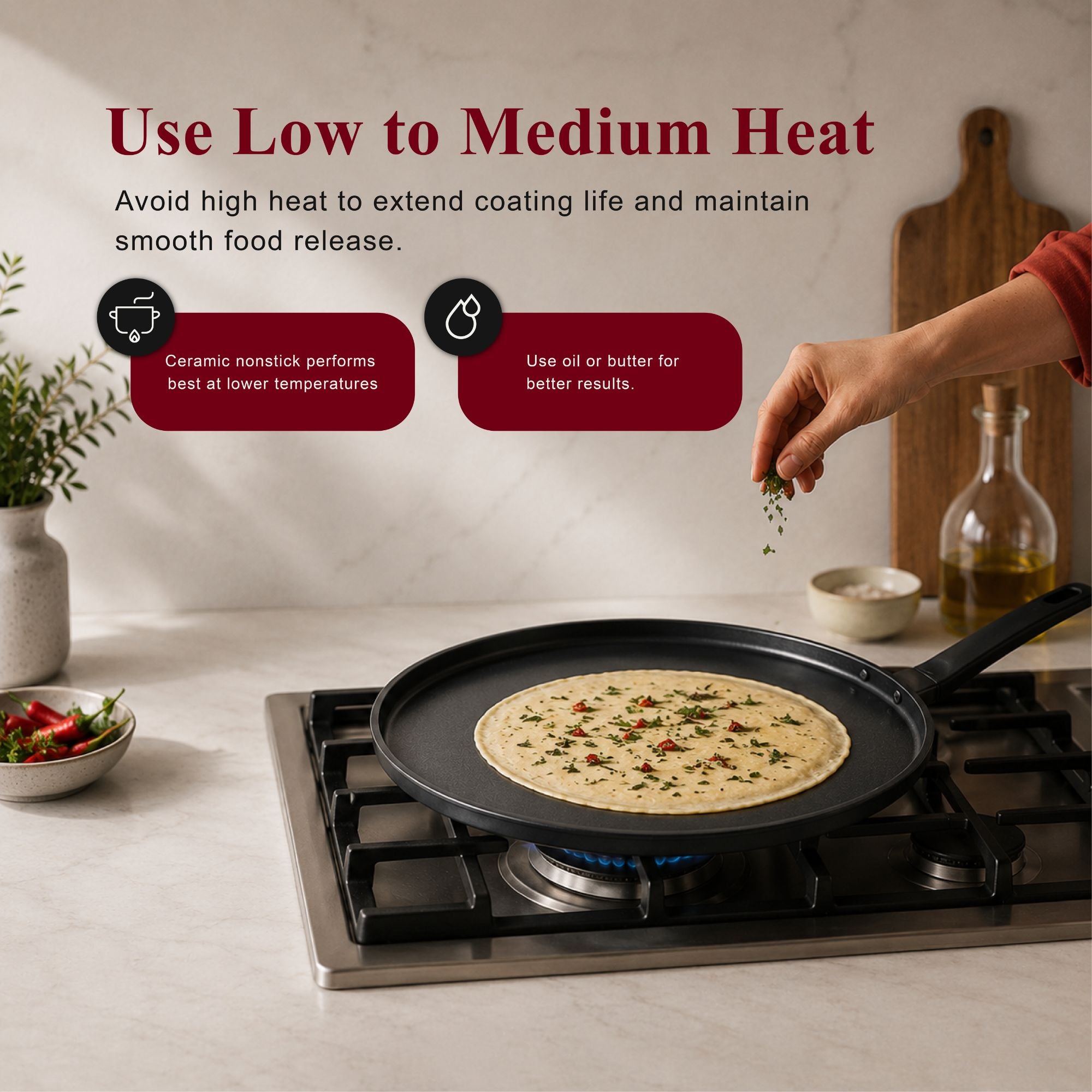 Alva ceramic nonstick crepe pan low-to-medium heat care guide