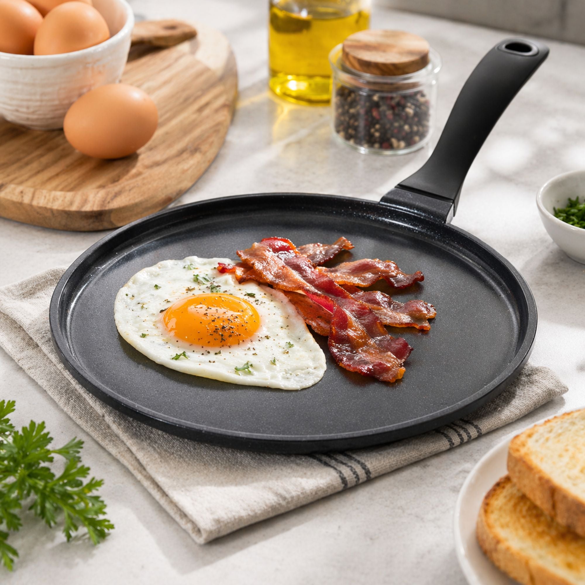 Alva Energy ceramic nonstick crepe pan serving eggs and bacon