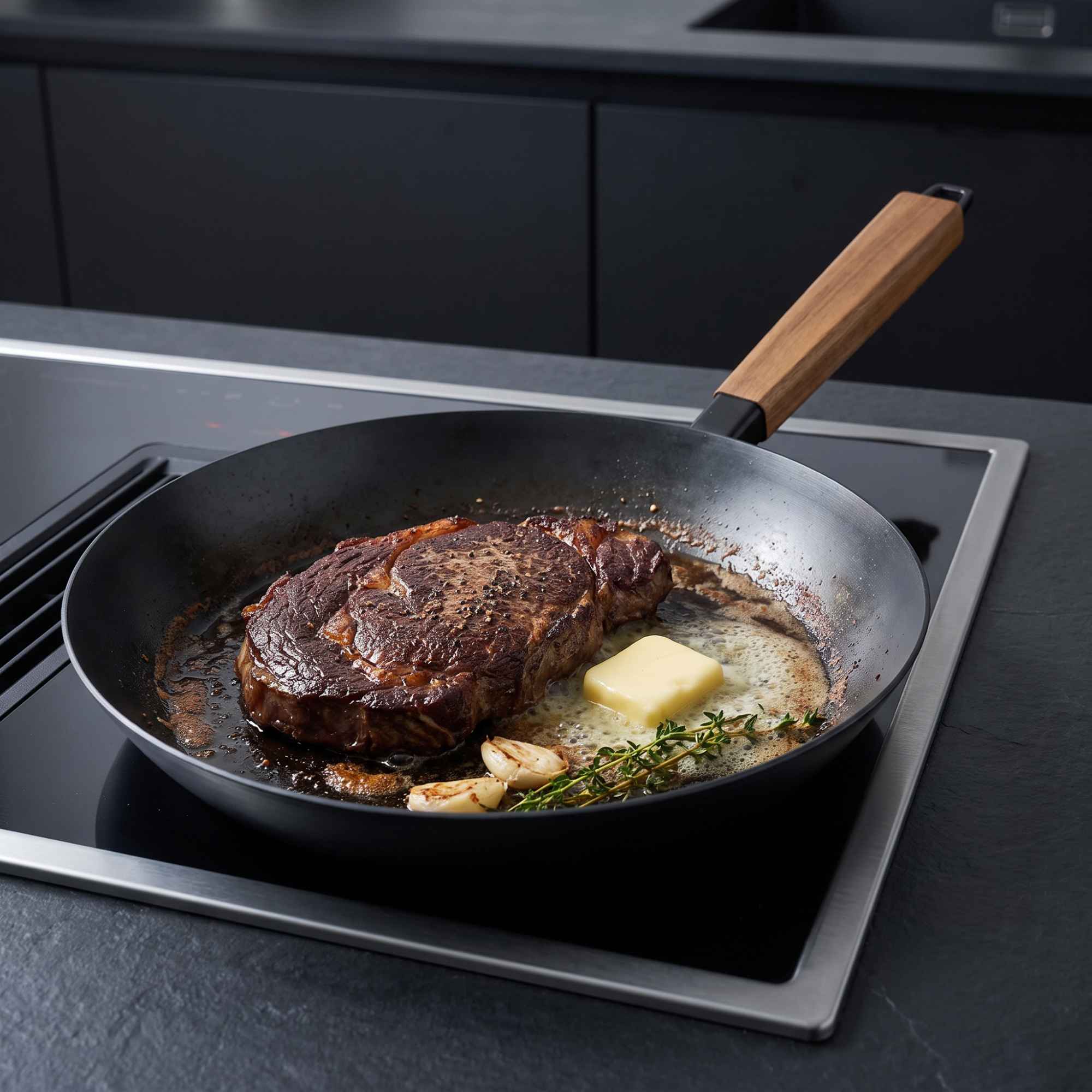 Alva Forest carbon steel frying pan searing steak on induction