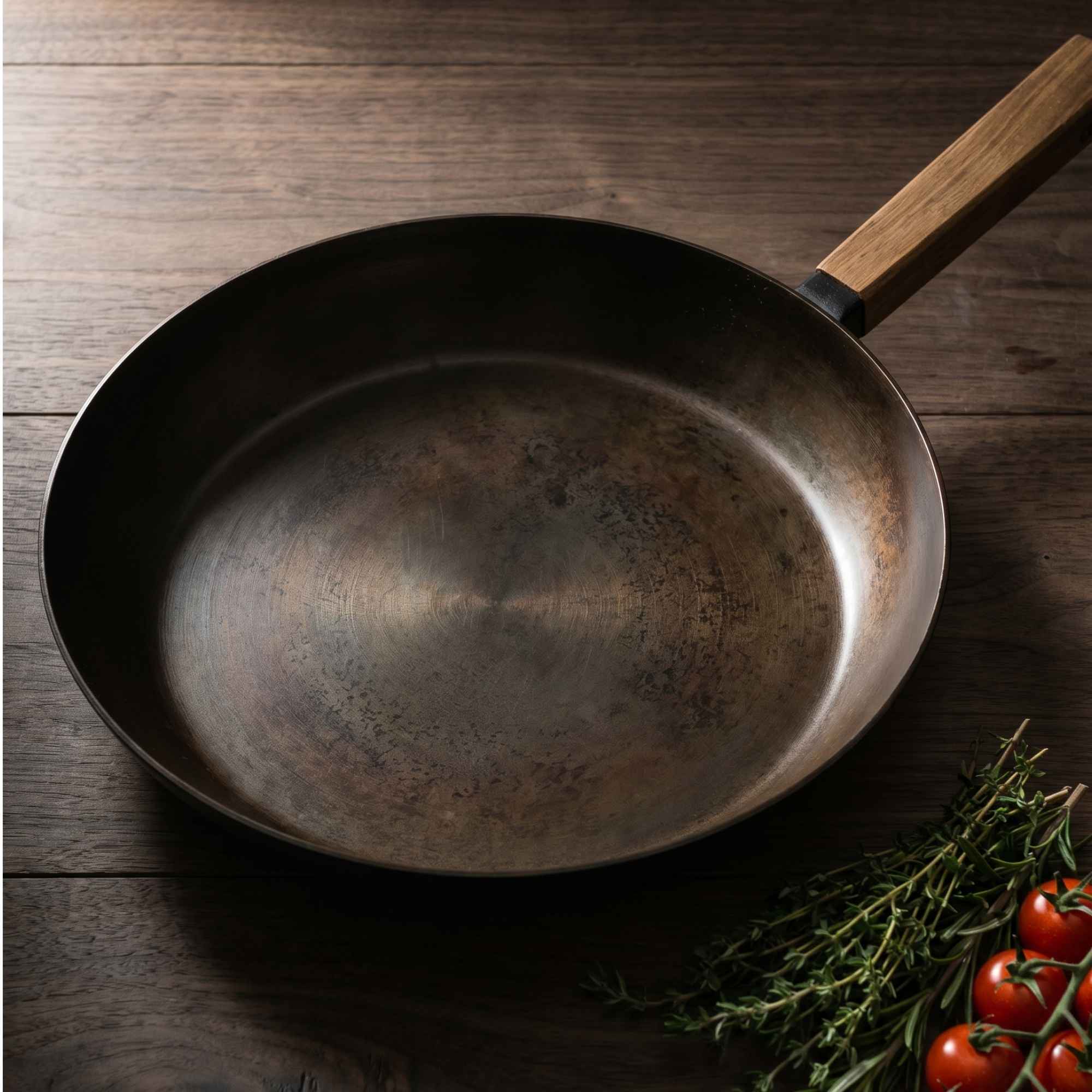Alva seasoned Forest carbon steel frying pan with natural patina