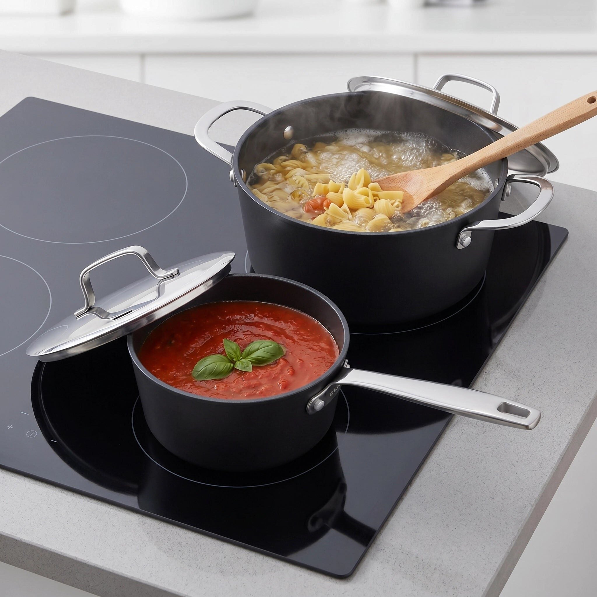 Alva Maestro ceramic nonstick pots cooking pasta and tomato sauce