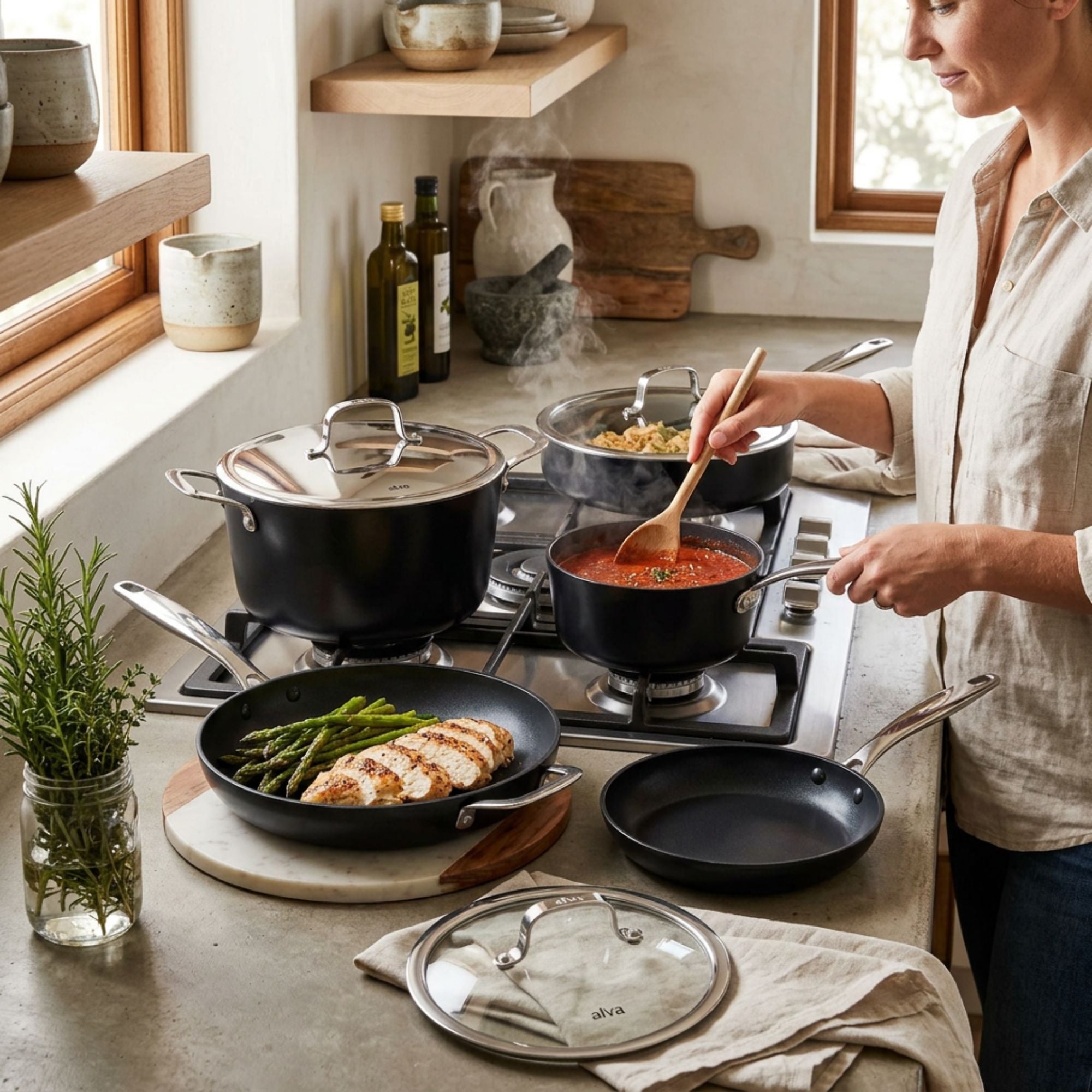 Alva Maestro Professional cookware preparing a complete meal