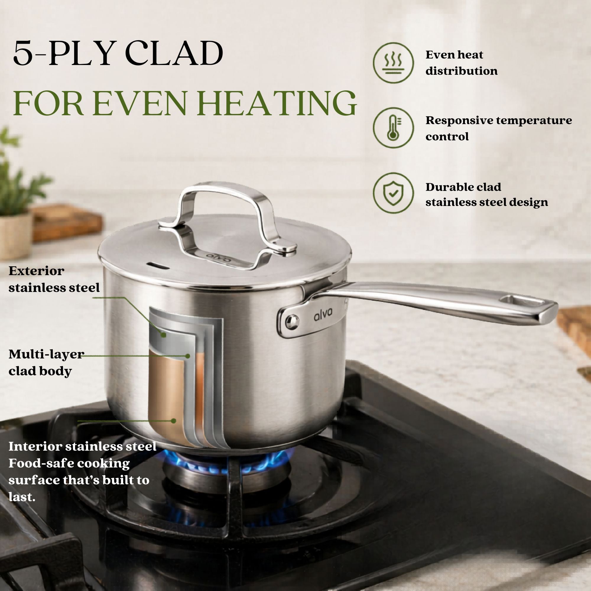 Alva five-ply stainless steel saucepan heat-distribution diagram