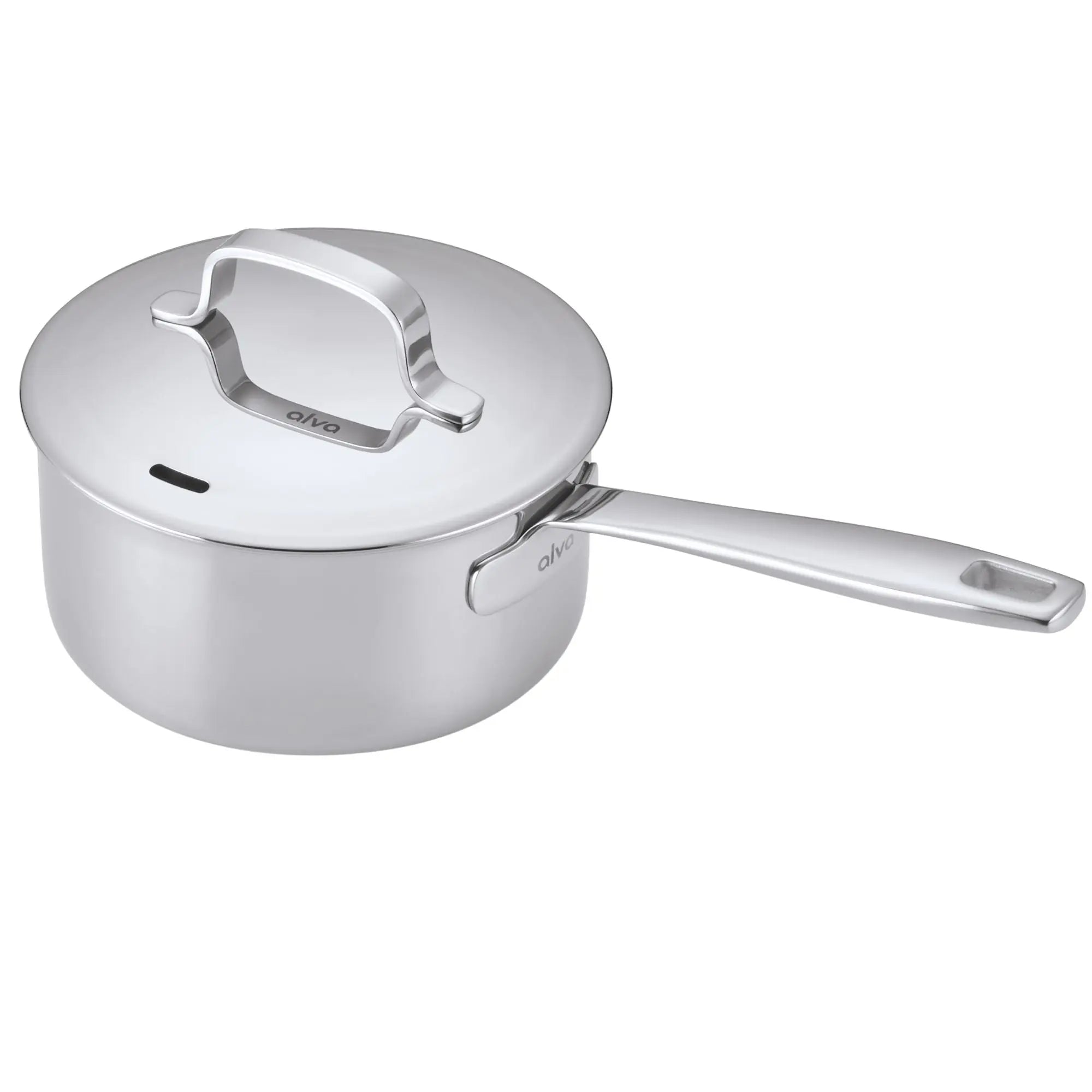 Alva Maestro five-ply stainless steel saucepan with lid on white
