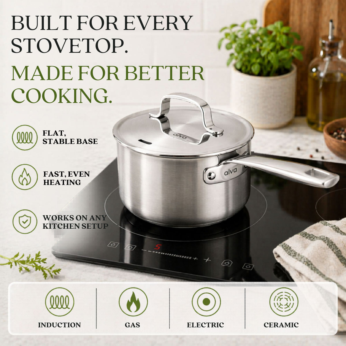 Alva stainless steel saucepan compatible with induction stovetops