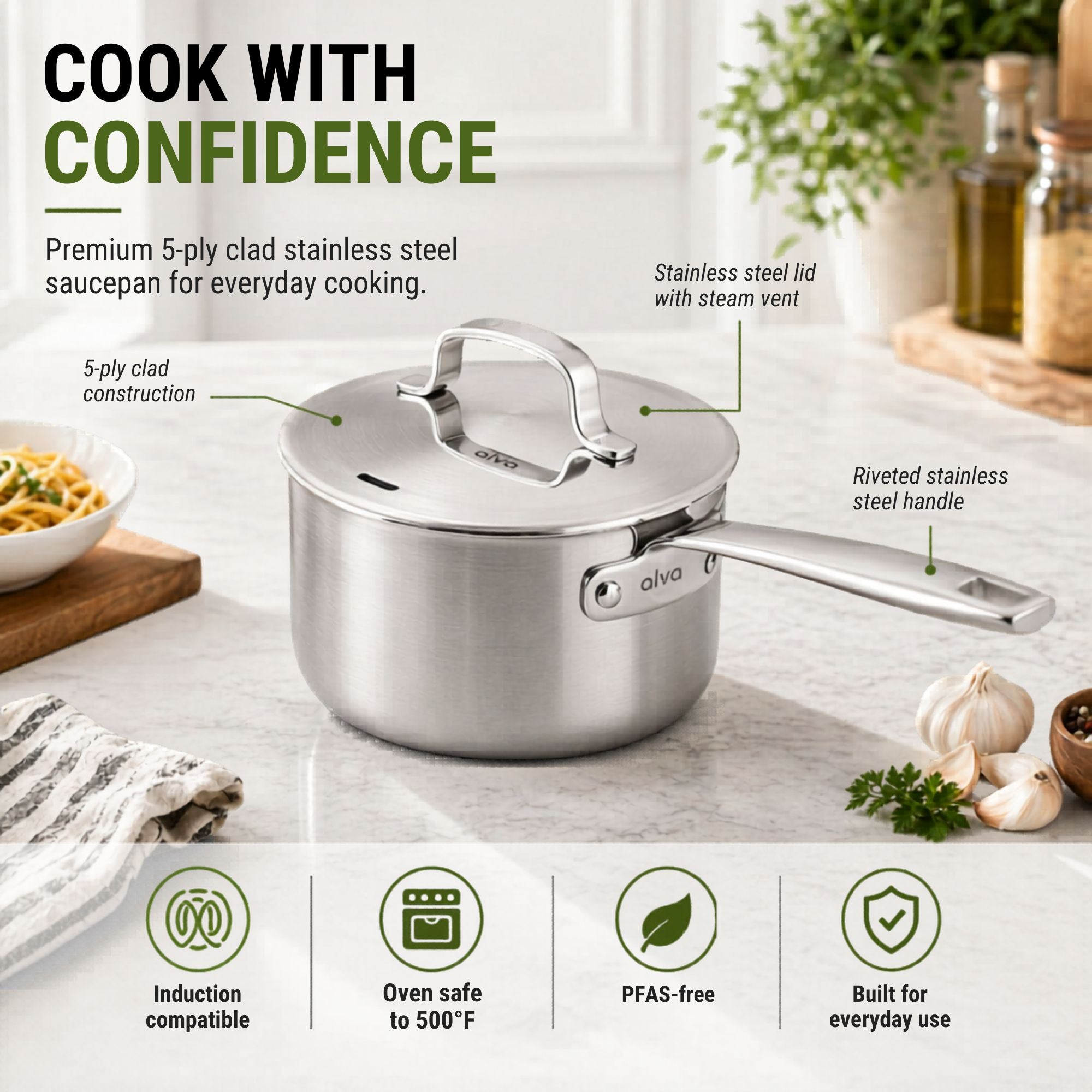 Alva stainless steel saucepan lid handle and five-ply construction details