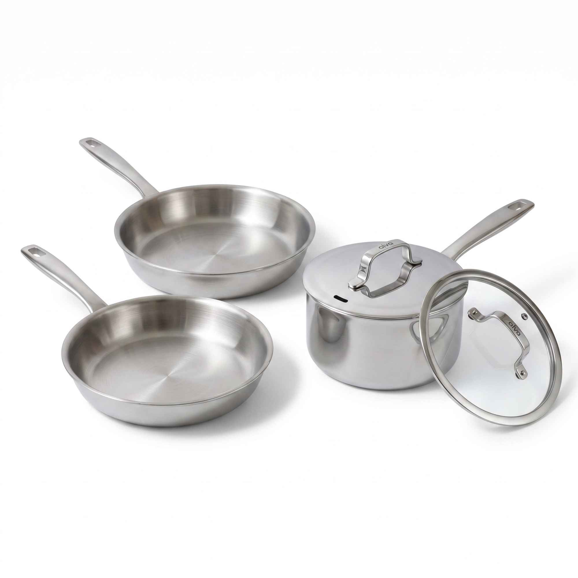 Alva Maestro five-piece stainless steel cookware set on white
