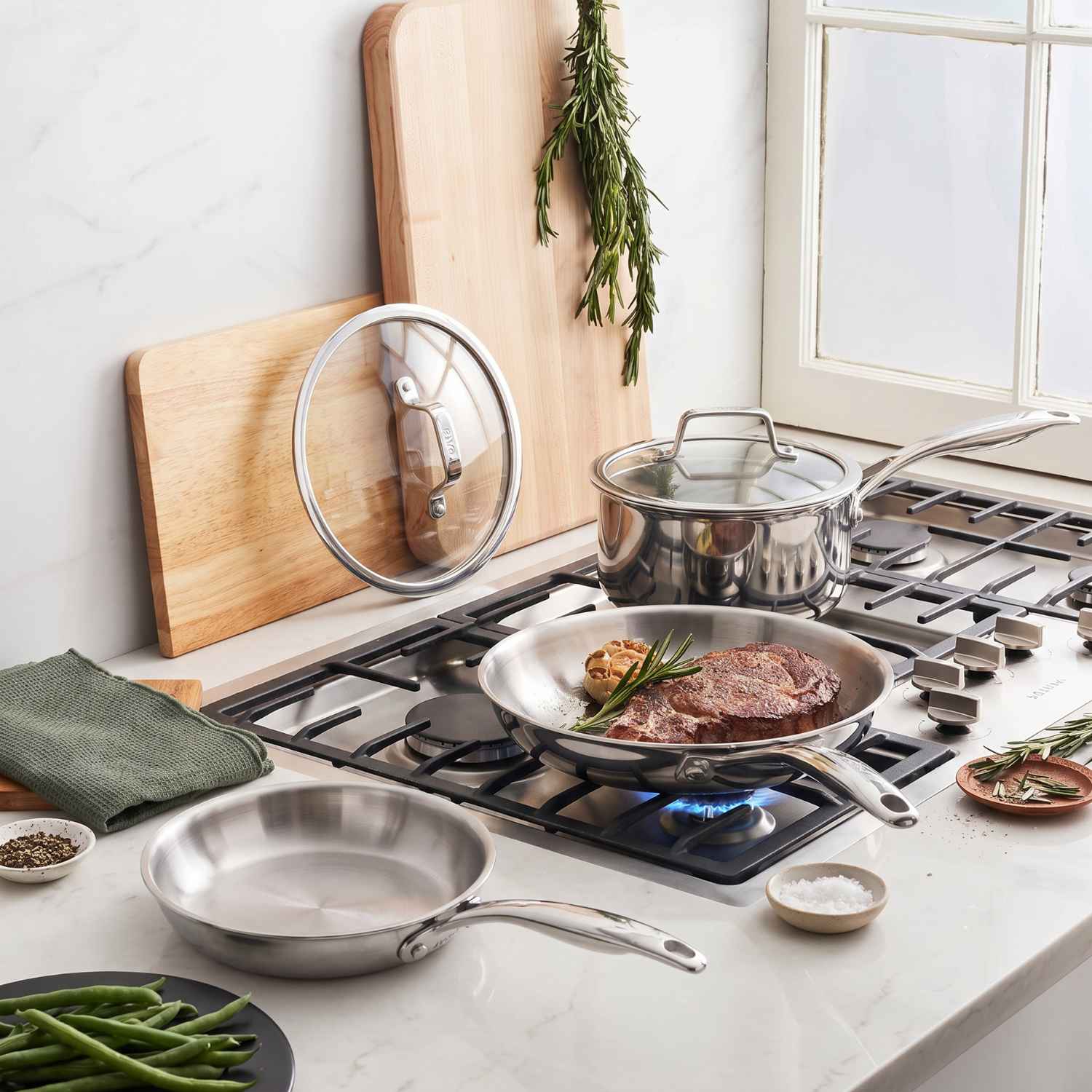 Alva Maestro stainless steel cookware used on a gas stovetop
