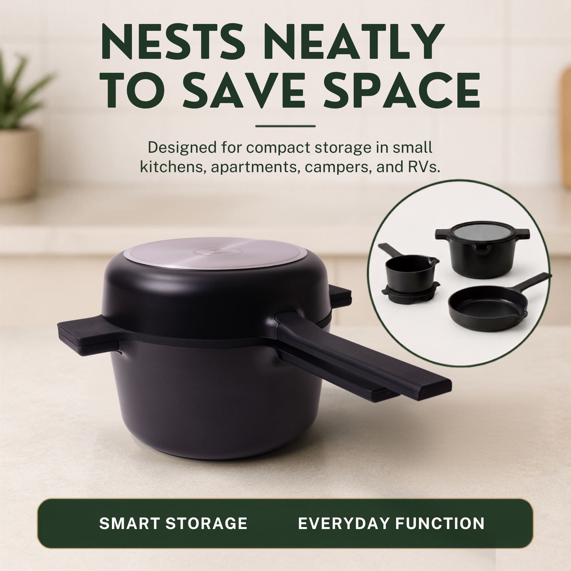 Alva Neat five-piece cookware set stacked to save cabinet space