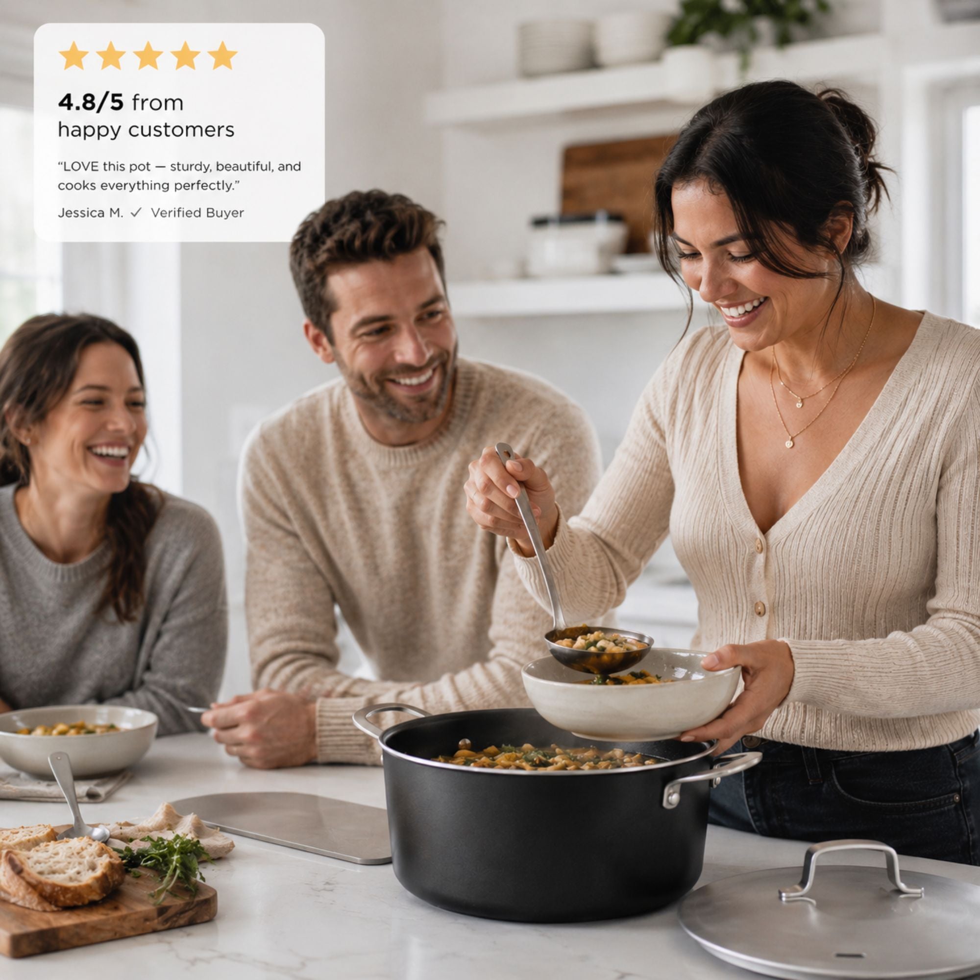 Alva Maestro ceramic nonstick stock pot serving a family meal
