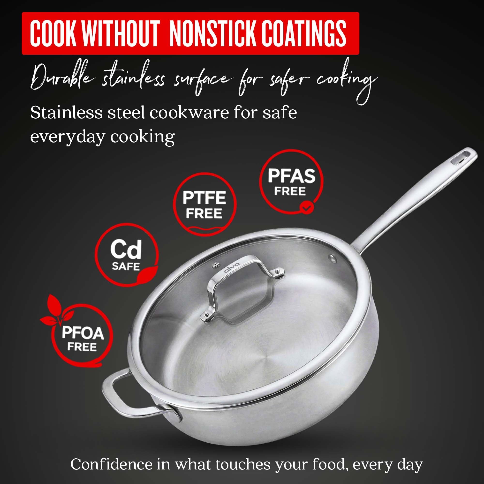 Alva stainless steel cookware made without nonstick coatings