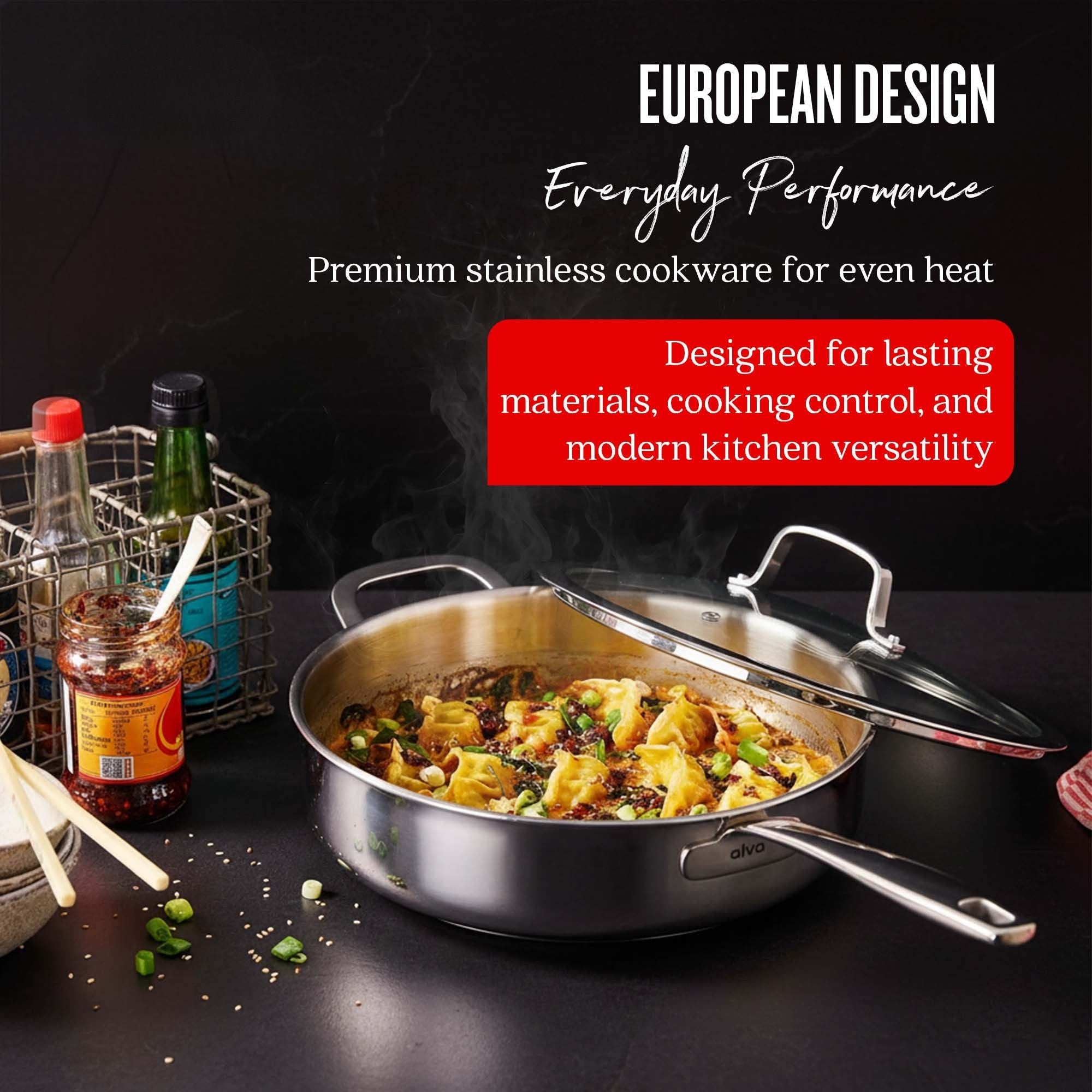 Alva stainless steel sauté pan for stovetop-to-table cooking