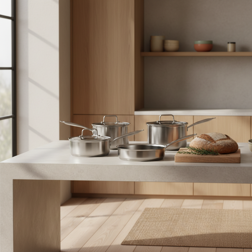 sleek alva cookware set on a modern kitchen counter with soft light