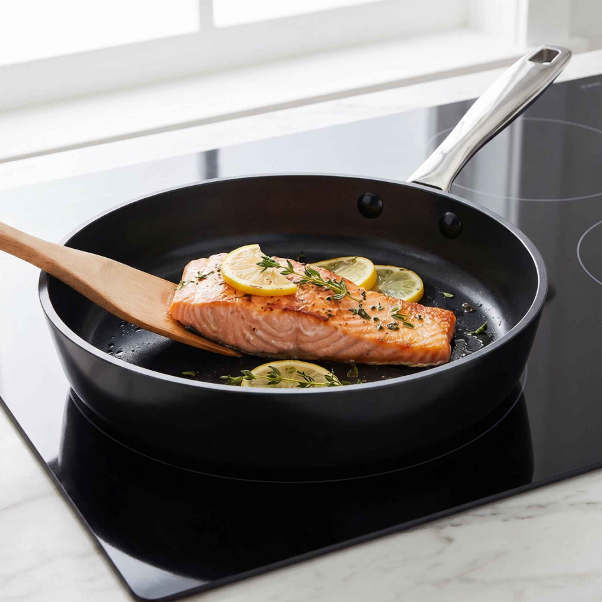 Salmon fillet cooking in a Maestro ceramic nonstick frying pan on an induction cooktop