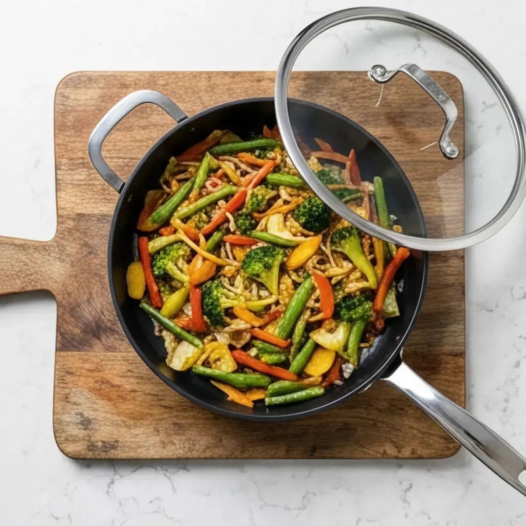 Nonstick frying pan with glass lid, stir fry vegetables on wooden cutting board