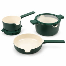 Alva Neat 5-piece nesting ceramic nonstick set in green: saucepan, pot with lid, frying pan and straining lid