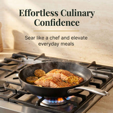 Maestro ceramic nonstick frying pan searing salmon and lemon slices on a gas stovetop