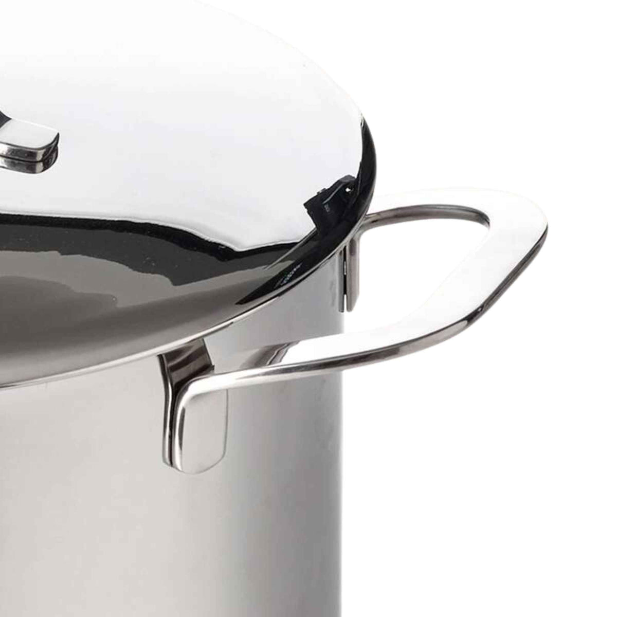 Close-up of the Alva Maestro stainless steel stock pot's polished lid and side loop handle on white