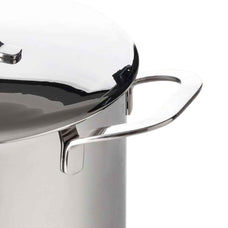 Close-up of the Alva Maestro stainless steel stock pot's polished lid and side loop handle on white