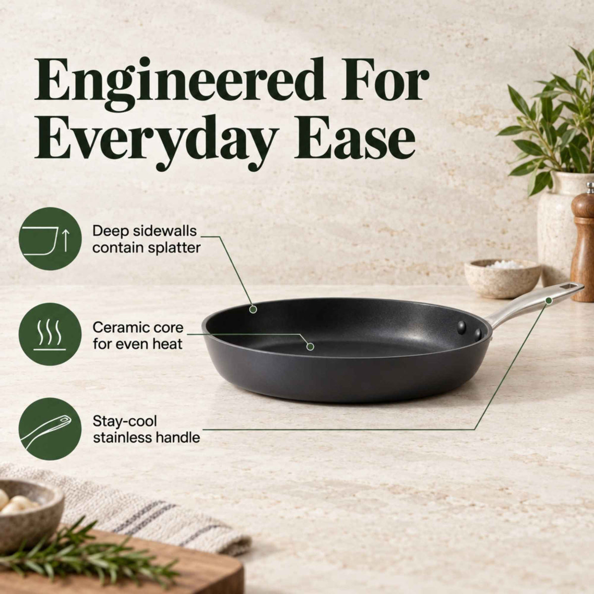 Maestro ceramic nonstick frying pan with deep sidewalls, ceramic core and stay-cool stainless handle