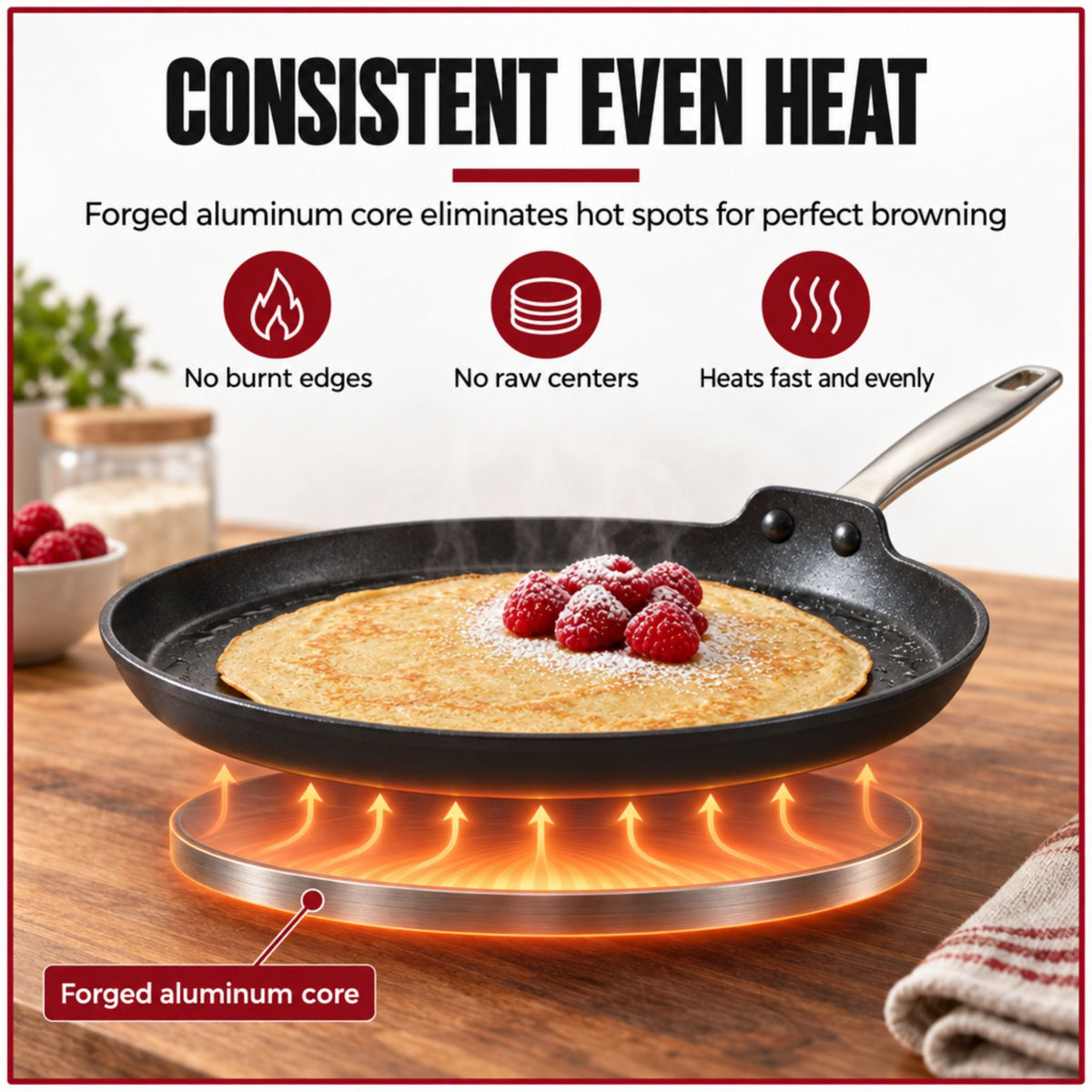 Crepe topped with raspberries in an Alva Maestro ceramic nonstick crepe pan with forged aluminum core