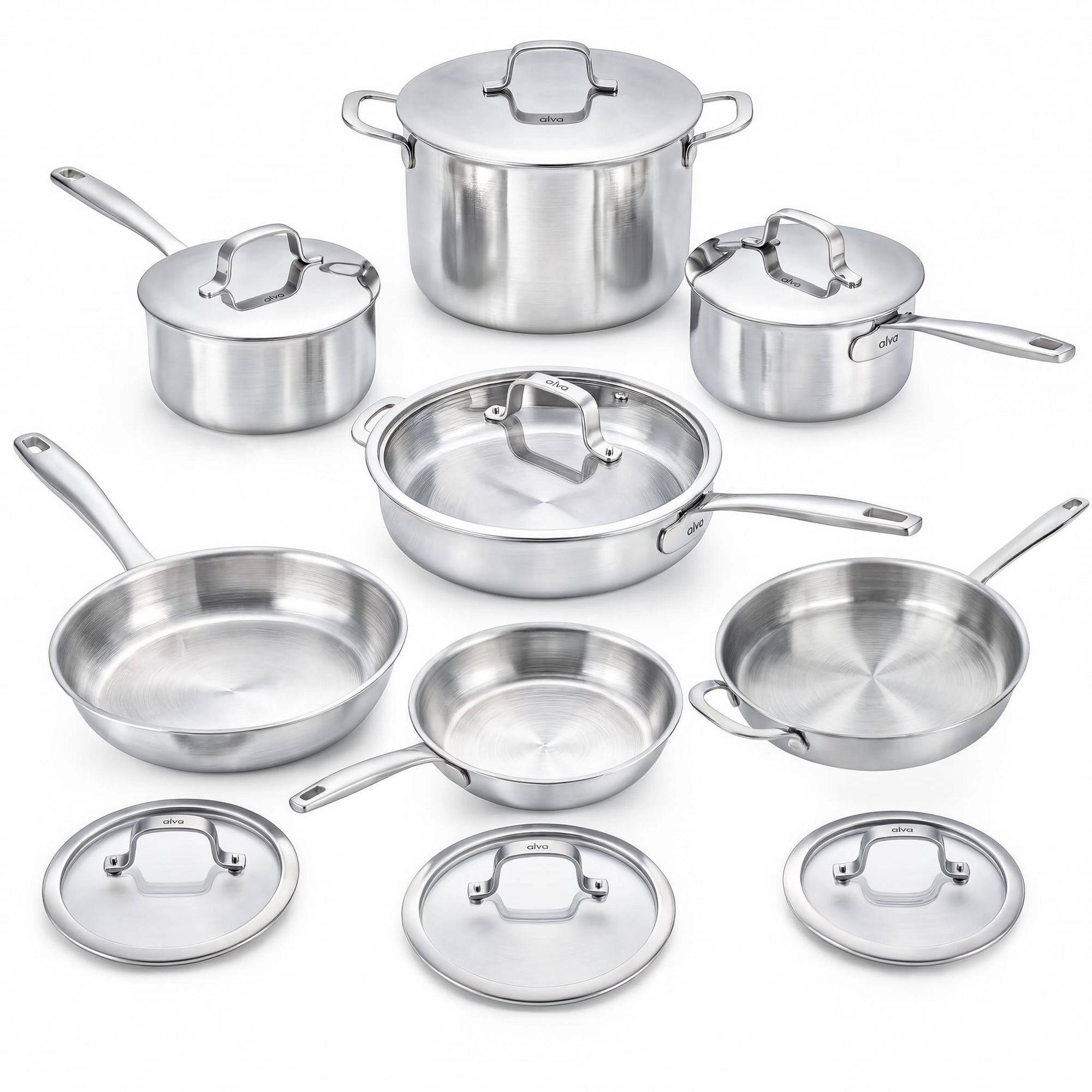 Alva Maestro five-ply stainless steel 14-piece cookware set on white