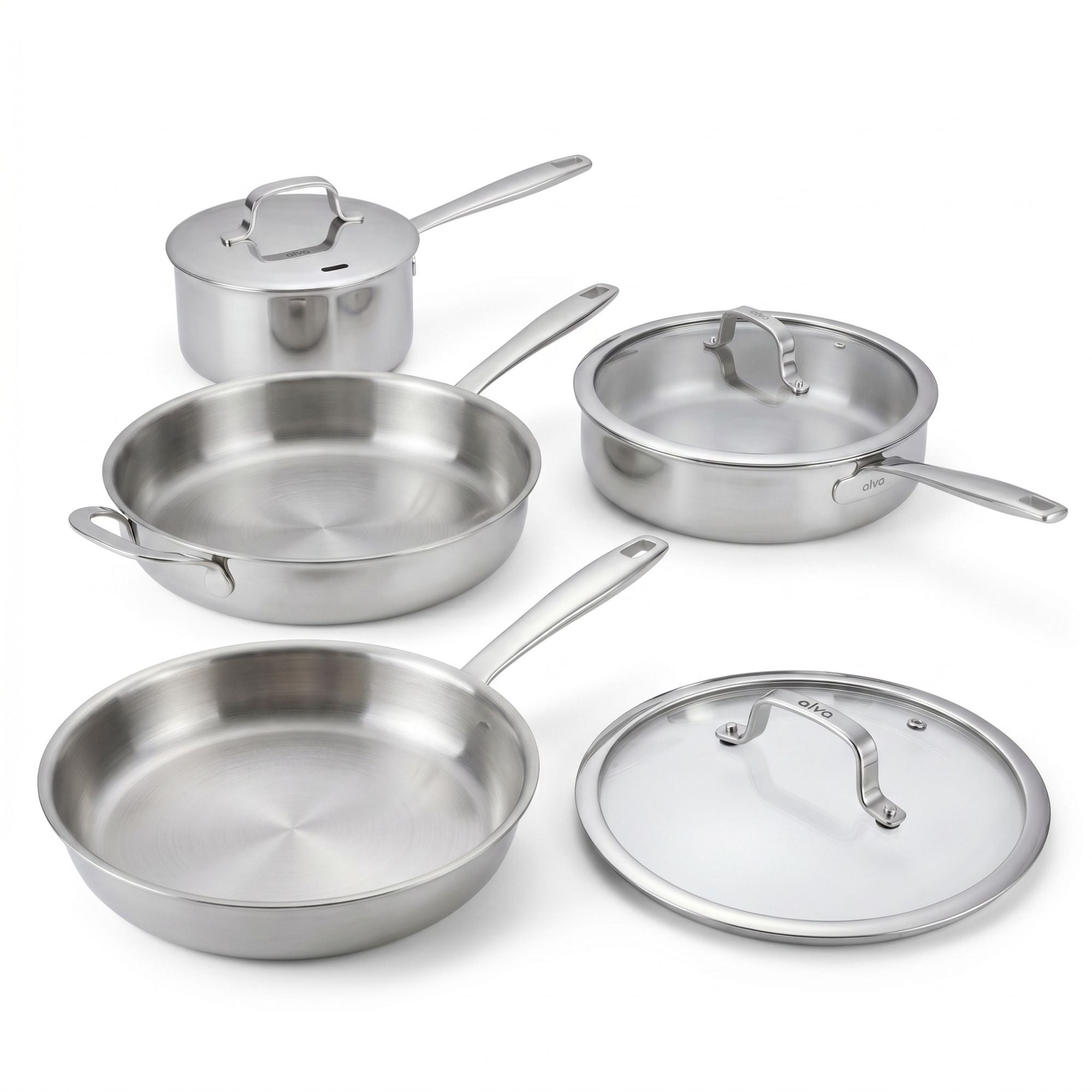 Alva Maestro seven-piece stainless steel cookware set on white