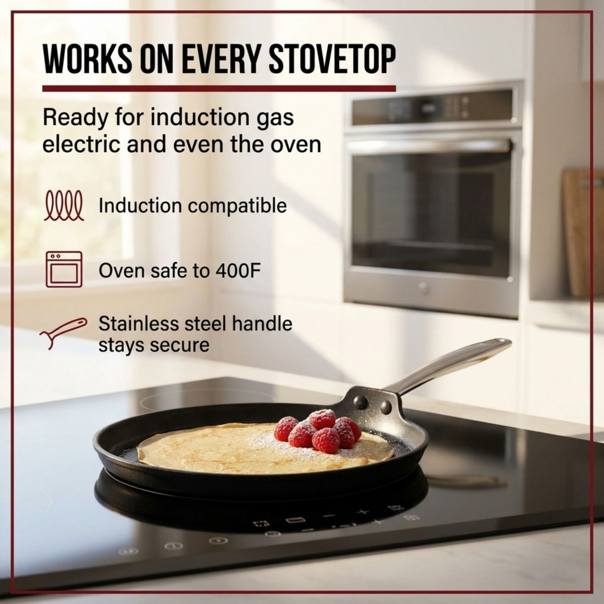 Alva Maestro crepe pan on induction: works on induction, gas and electric, oven safe to 400°F