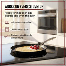 Alva Maestro crepe pan on induction: works on induction, gas and electric, oven safe to 400°F