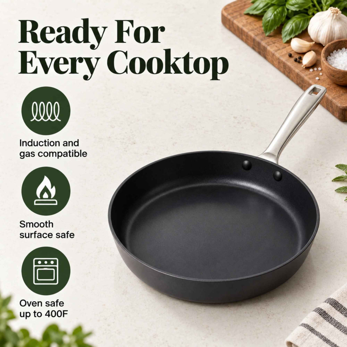 Maestro ceramic nonstick frying pan that works on induction and gas and is oven safe to 400°F