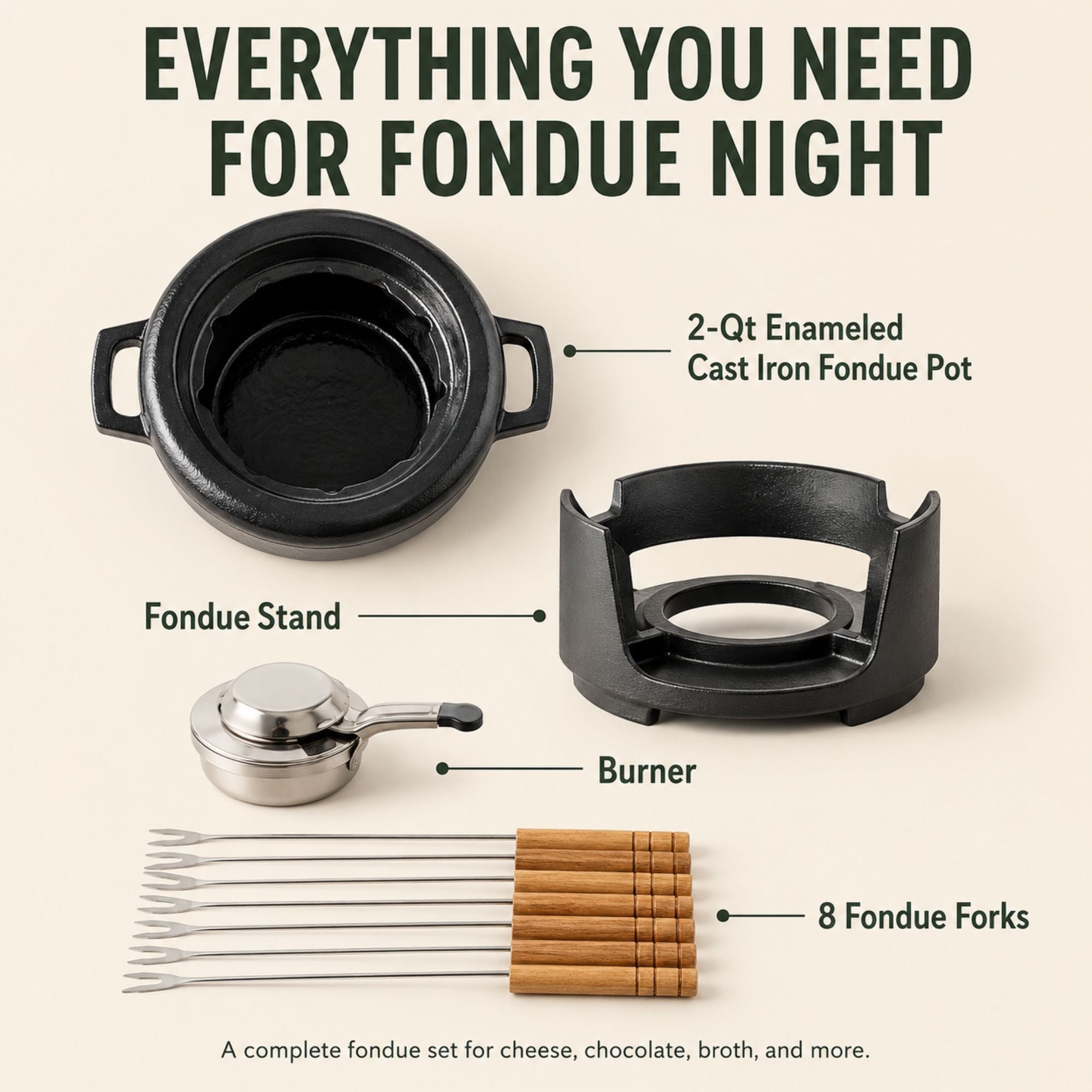 Enameled Cast Iron Fondue Set, 8-Piece, 2-Qt